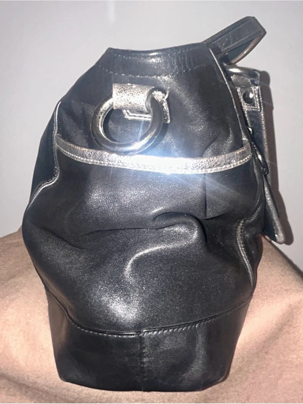 Coach Poppy Black & Silver Metallic Leather Satchel Tote Bag. Y2K!